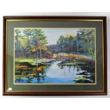 FRANK LARSON (20th century); colour lithographic print, study of trees at a waterside, signed,