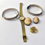 Various items of costume jewellery to include two silver hinged bracelets,