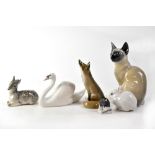 ROYAL COPENHAGEN; six porcelain models of animals, comprising a swan, no.755, a rabbit, no.