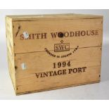 SMITH WOODHOUSE; a sealed wooden crate containing twelve bottles of 1994 vintage port.