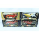 BURAGO; four boxed diecast scale model cars comprising Jaguar SS100, Volkswagen Beetle,