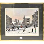 TOM DODSON (1910-1991); a signed limited edition print, children in winter countryside, dated 1975,