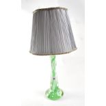 An early/mid-20th century Art Deco green and white glass column table lamp, length 37cm.