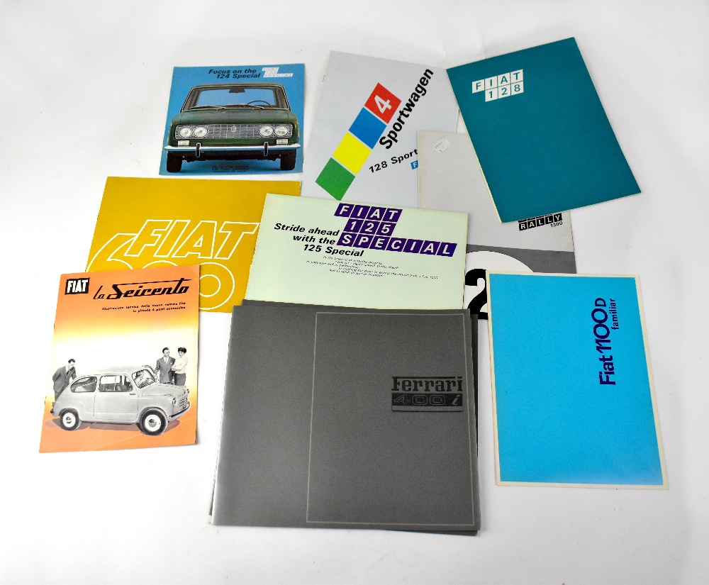 A selection of Italian car brochures, including Ferrari, Fiat, etc, dating from the 1970s.