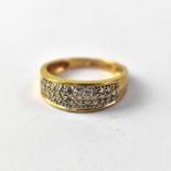 A 9ct gold diamond cluster ring, the head set with three rows of tiny diamonds, size L, approx 2.7g.