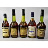 MARTELL; five bottles of Cognac (5).