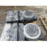 Two large carved Paleo decorative roundels, each approx 250kg, approx 100 x 52 x 25cm (2).