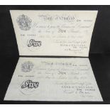 Two 1940s white £5 notes comprising 11th December 1944, E86, number 054585, Peppiatt,