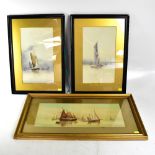 GARMAN MORRIS; watercolour, 'Hazy Morning', moored fishing boats, 19 x 50cm,