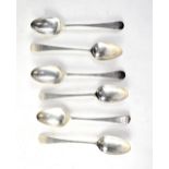 Six Georgian silver Old English pattern dessert spoons, various dates and makers, approx 5.8ozt.