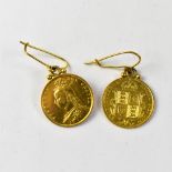 A pair of Victorian 1891 shield back half sovereign earrings with French hoop fasteners, approx 8.