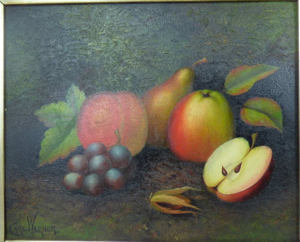 CARL WERNER (1808-1894); two oils on board, still lives of fallen fruit, one with apples, pears, - Image 2 of 5