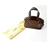LOUIS VUITTON; a brown check bag with Louis Vuitton logo, dark brown leather trim and handles,