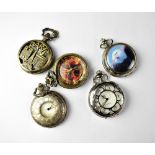 Five quartz pocket watches to include a Paris-themed example, all approx 50mm (5).