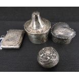 Four items of hallmarked silver, comprising a heart-shaped trinket box with frilled edges,