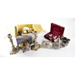 A quantity of mixed metalware to include plated ware, flatware, a brass miner's lamp,
