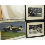 Three motor racing prints comprising a Steve Jones Team Lotus colour print, framed,