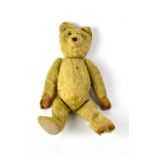 An early 20th century straw-filled teddy bear in the style of Steiff.