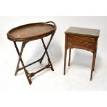 A 19th century oak side table with two drawers, together with a pair of reproduction bedside tables,