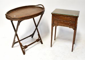 A 19th century oak side table with two drawers, together with a pair of reproduction bedside tables,
