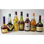 Two bottles of Martell cognac, each 68cl, a bottle of Courvoisier cognac, 680ml,