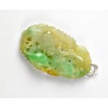 A long oval multicoloured jade pendant carved with fish, seaweed and sea flowers, length 4.2cm.