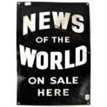 A metal advertising sign 'News of the World on sale here', with white lettering on a black ground,