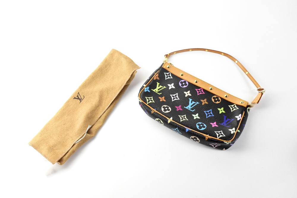 LOUIS VUITTON; a multicoloured monogram bag with tan leather trim and brass stud hardware,