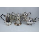 Five various silver plated coffee pots, teapots and a lidded jug, various shapes and sizes,