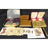 A collectors' lot to include cigarette cards, Queen Mary Christmas tin, two Jerusalem treen items,