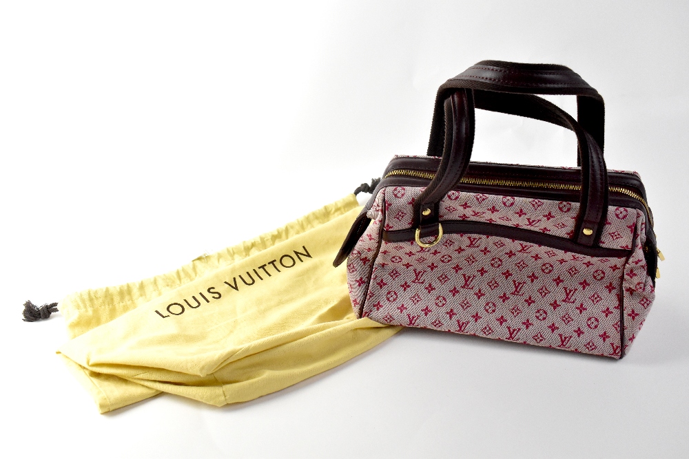 LOUIS VUITTON; a cherry logo canvas bag with dark brown fabric and leather trim, 19 x 26 x 13cm,