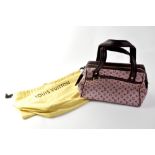 LOUIS VUITTON; a cherry logo canvas bag with dark brown fabric and leather trim, 19 x 26 x 13cm,