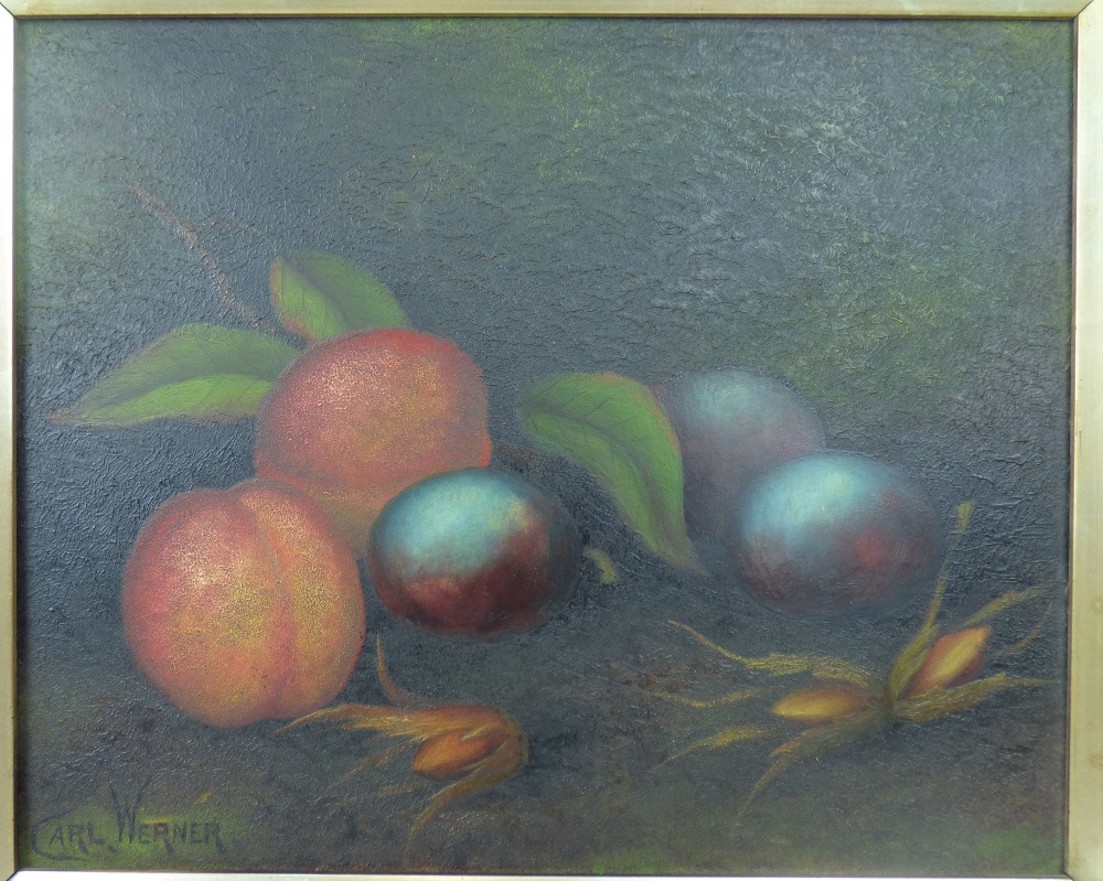 CARL WERNER (1808-1894); two oils on board, still lives of fallen fruit, one with apples, pears, - Image 4 of 5