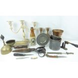 Mixed metalware and collectibles to include a plated three-branch candelabrum, a brass bell,