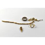 Various items of 9ct gold jewellery to include a gold and seed pearl brooch (af), a ring body (af),