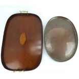 HUGH WALLACE; an Arts & Crafts brass oval tray with ropetwist edge, 46 x 43cm, marked 'HW',