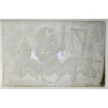 A glass panel etched with Punch and Judy scene, depicting the policeman and Punch holding a club,
