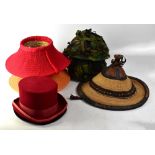 Various hats to include three Oriental-style straw and straw-style hats,