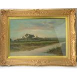 DANIEL SHERRIN (British, 1868-1940); oil on canvas, farmer driving sheep by riverside,