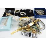 Various items of modern costume jewellery to include Swarovski, silver cross, gold plated rings,