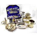 A quantity of plated ware to include a Walker & Hall three-piece tea service, an oval tray, sifter,