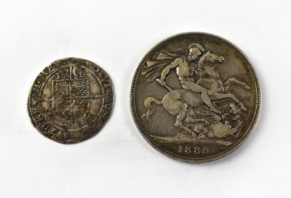 Elizabeth I silver hammered sixpence piece, 15?0, together with a Victorian 1889 silver crown (2).