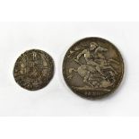 Elizabeth I silver hammered sixpence piece, 15?0, together with a Victorian 1889 silver crown (2).