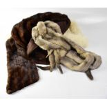 A vintage chocolate brown mink evening wrap, a grey twin fox fur wrap,