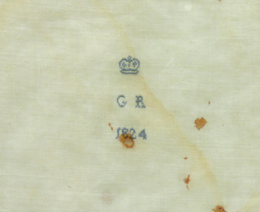 A framed montage of George IV related items to include a muslin handkerchief stamped with the small - Image 2 of 4