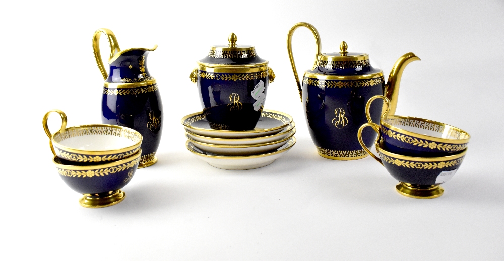 A Sèvres part tea service in the Georgian style, cobalt blue ground, gilt-heightened throughout,
