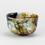 TERRY BELL-HUGHES (born 1939); a stoneware chawan with relief decoration covered in ash and