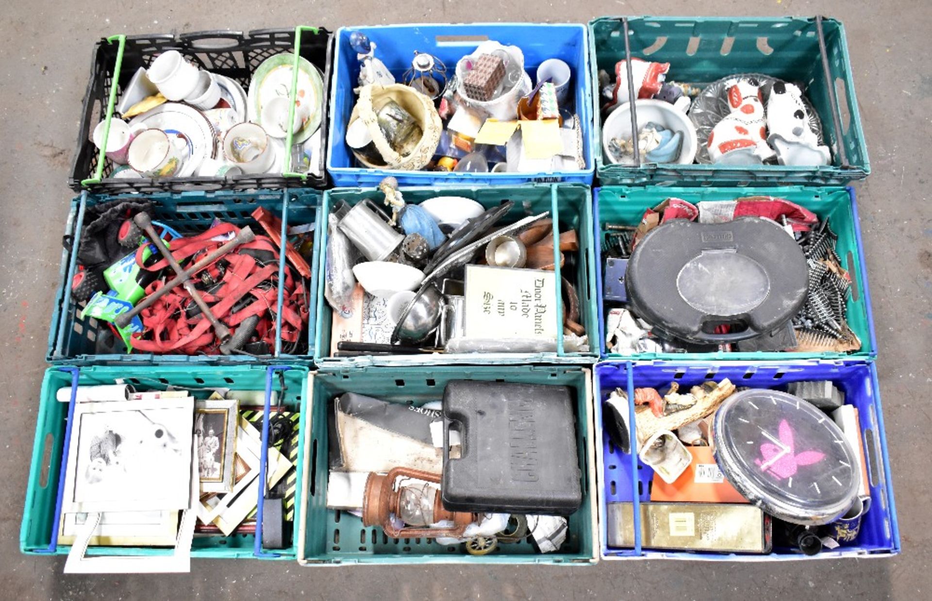 Nine boxes of miscellaneous items to include various ceramics, glassware, metalware, etc,