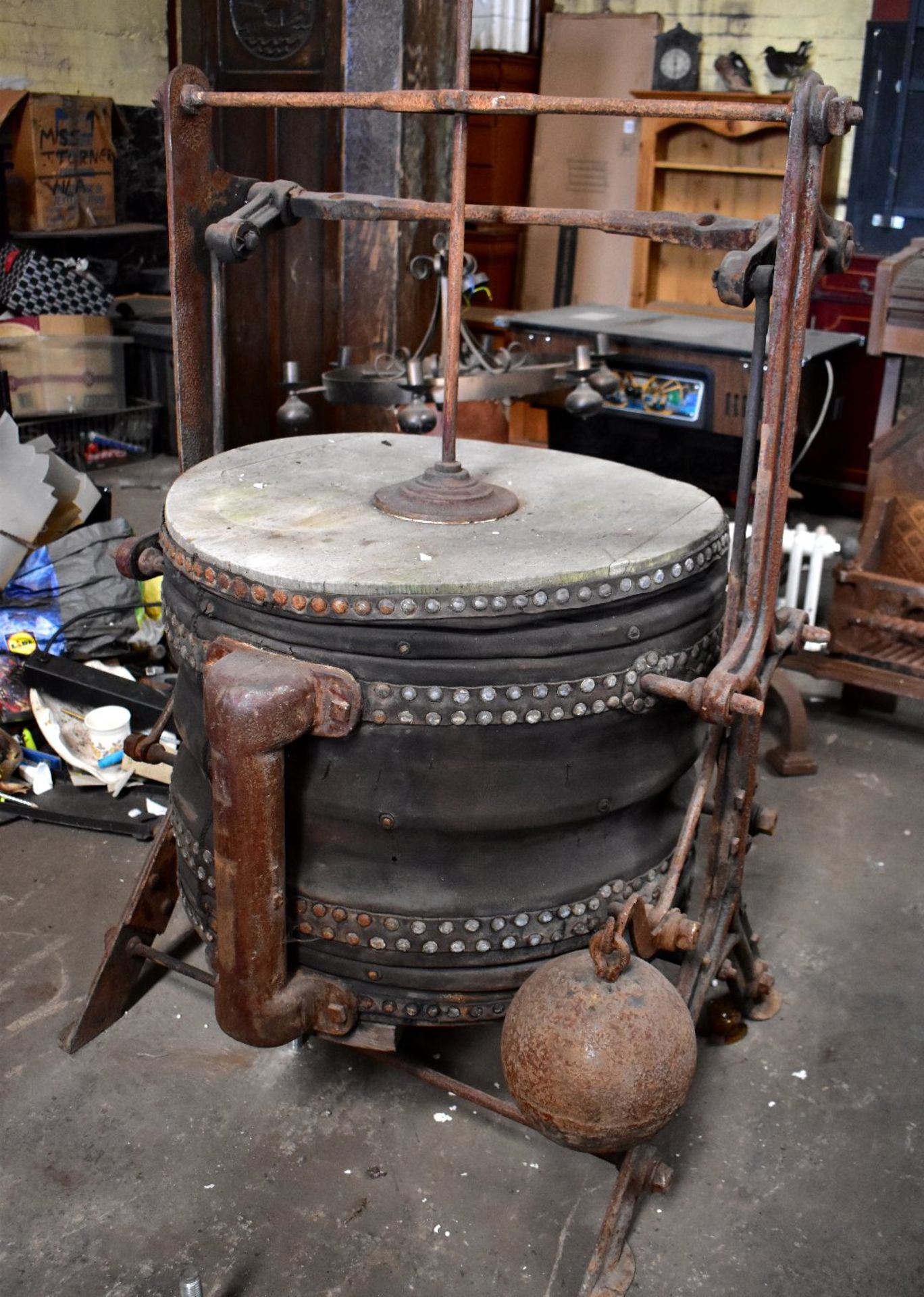 A set of cast iron framed blacksmiths' bellows.