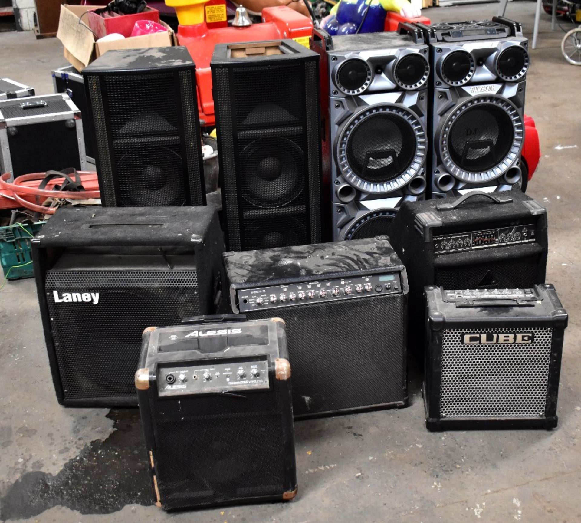 A quantity of speakers and amplifiers,